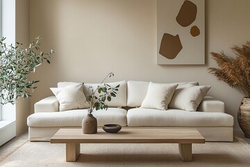 Minimalist, modern Scandinavian interiors in living rooms with sofas. Generative AI
