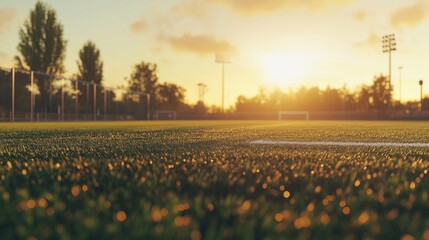 A view of a football pitch during golden hour, with warm light enhancing the scene