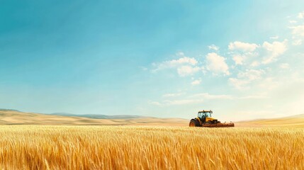 Naklejka premium A tractor plows through a golden wheat field beneath a clear blue sky, representing the effort and beauty of farming during the harvest.