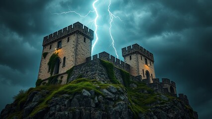 Fototapeta premium A Stone Fortress Perched High on a Rocky Hillside, Bathed in the Eerie Glow of a Lightning Storm