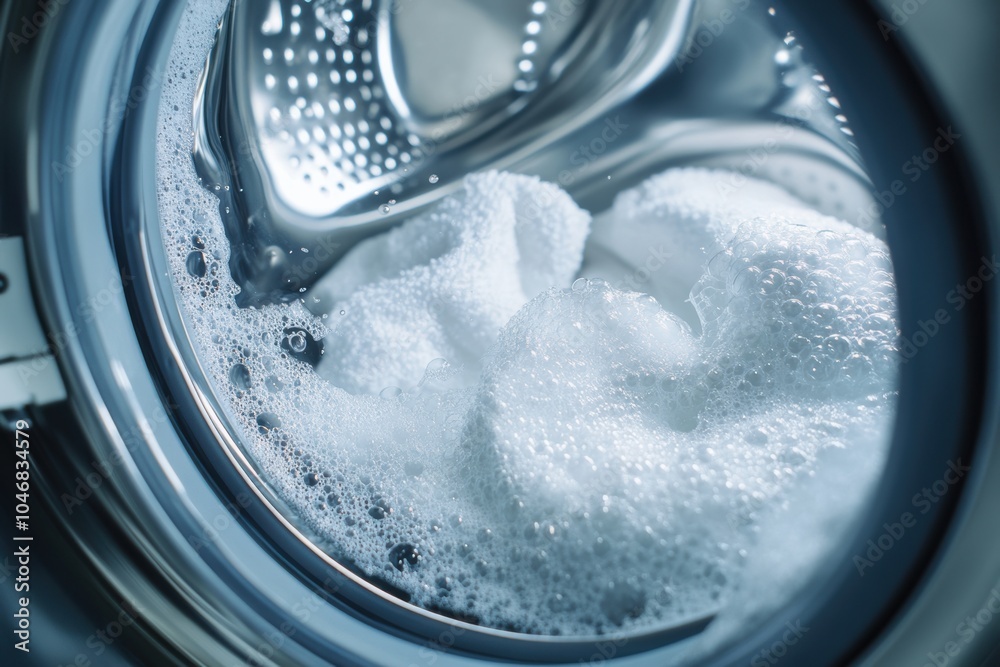 Poster The washing machine drum is filled with white towels soaking in soapy water, preparing for a wash cycle to freshen them up. Generative AI