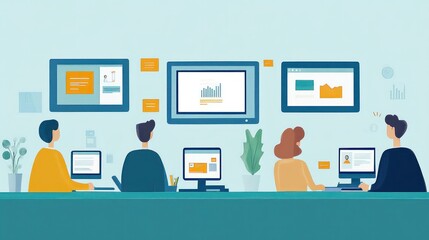 Naklejka premium E-learning solutions for corporate training, showing employees engaging with digital modules on tablets