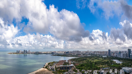 Obraz premium , hainan province, island, haikou, china, aerial photography, city skyline, city, building, architecture, background, landscape,