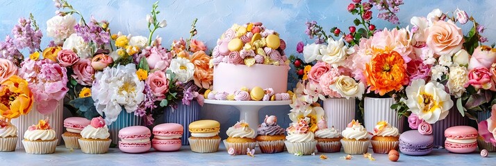 A vibrant and beautifully arranged dessert table overflowing with an assortment of delectable cupcakes macarons and a focal point cake