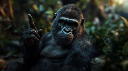 Naklejka premium A large male gorilla sitting in a jungle setting, points up with its finger.