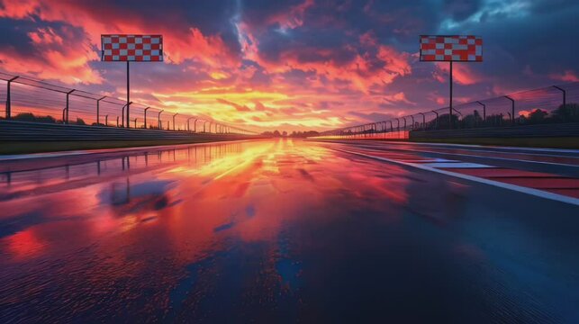 Empty wet racing track at sunset with reflective asphalt and checkered flags in the distance, perfect for motor racing advertisements, track promotions, or speed-related content, featuring a vibrant c