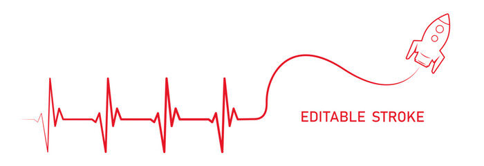 Editable lines heart rhythm illustration with spacecraft rocket vector design to use for healthcare, business idea, healthy lifestyle, brainstorm concept illustration projects. 