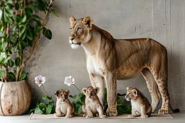 Fototapeta premium A proud lioness standing tall with her cubs nestled around her on a gray background, symbolizing
