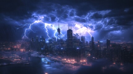 Fierce lightning bolts illuminating a dark and stormy cityscape, 4K hyperrealistic photo