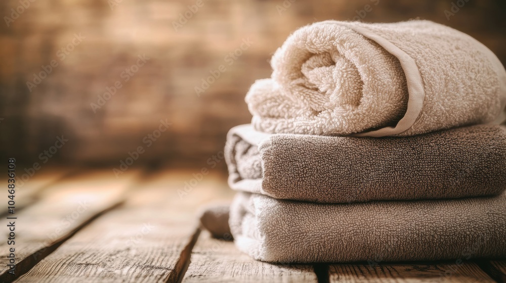 Poster Plush towels are arranged in a neat pile on a rustic wooden table, enhancing a warm and relaxing ambiance in a space. Generative AI
