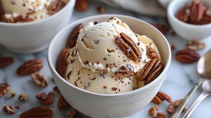 A close-up view of a bowl of vanilla ice cream with pecans and a bowl of pecans in the background.