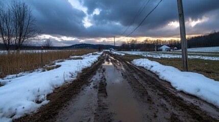 A muddy country road with snow on the sides and a dramatic sky in the background.