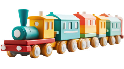 Fototapeta premium A wooden train with a yellow engine and a blue car