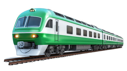 A green and white train with a red light on the front