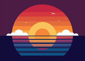  A vintage-inspired illustration of a sunset over the ocean, perfect for t-shirt designs, posters, or social media graphics.