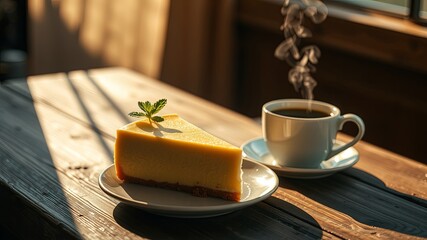 A single slice of cheesecake, adorned with a sprig of mint, rests on a white saucer, illuminated by the warm glow of the afternoon sun, alongside a steaming cup of coffee, a perfect afternoon treat.