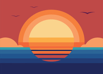  A vintage-inspired illustration of a sunset over the ocean, perfect for t-shirt designs, posters, or social media graphics.
