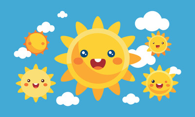 A cheerful illustration of a family of smiling suns, perfect for children's books, greeting cards, or summer-themed designs.