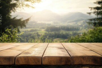 Wooden table top with a blurry background of a mountain landscape and sunset.