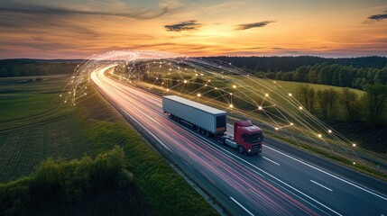 Obraz premium A truck moves along the highway, surrounded by light trails and network lines, illustrating the progress of smart transportation technology.