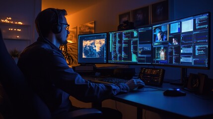 SOC analyst monitoring security alerts from multiple sources in a dark room with advanced technology