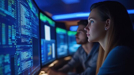 Security audit team reviewing firewall logs and system reports in a corporate environment