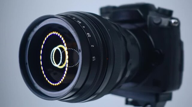 A professional camera on a tripod with an expensive lens with an aperture of 1.5 and a focal length of 85 mm, which reflects the ring LED light. Closeup. Macro