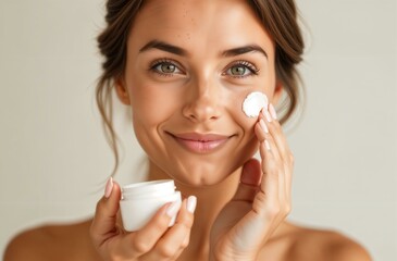 skin beauty, clean beautiful natural young woman, girl without makeup, holds a jar of face cream in her hands, applies cream, self care, youth, aging, appearance, cosmetics industry, beauty	
