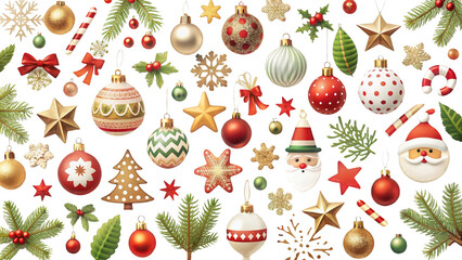 Christmas decorations including ornaments, stars, and greenery pine on on transparent background for holiday cheer.