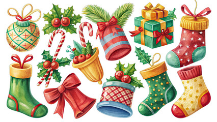 Collection of colorful Christmas decorations including stockings, gifts on transparent background