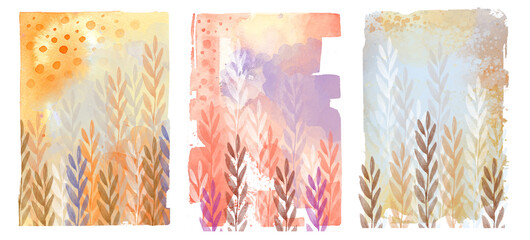 A set of fashionable backgrounds, drawings with autumn leaves. Autumn creative background, natural color, botanical watercolor illustration