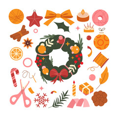 Making a Christmas wreath. Set of hand-drawn elements to create a Christmas wreath. handmade Christmas wreath