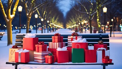 Christmas gifts on the bench in the snowy weather, Generative AI