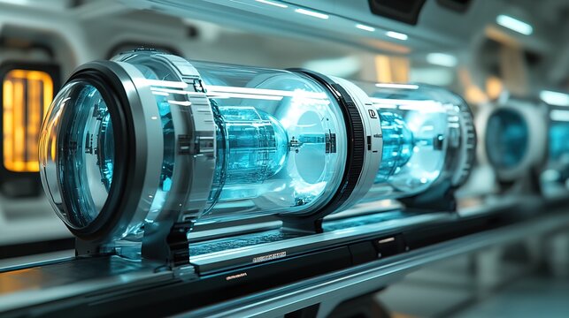Cryonics capsules, empty and full futuristic containers