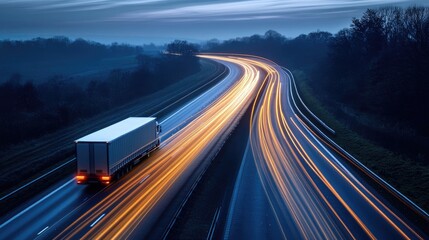 Obraz premium A truck navigates the highway under glowing light trails, with network lines connecting the scene, representing the efficiency