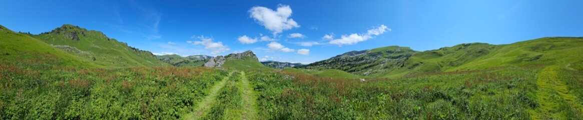 Obraz premium Vue panoramique des pâturages avoisinants à Seebergsee en Suisse