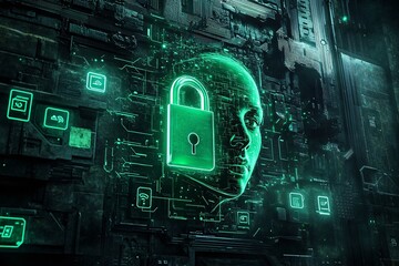 A futuristic humanoid figure surrounded by digital locks and glowing circuits in a high-tech environment