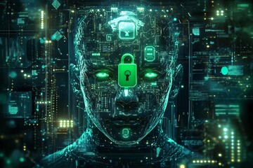 A futuristic humanoid figure surrounded by digital locks and glowing circuits in a high-tech environment