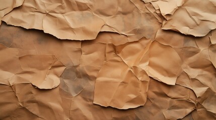 Abstract background of overlapping and wrinkled brown paper sheets creating a textured surface