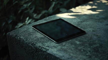 A high-end tablet lying flat on a minimalist concrete surface with space for app design