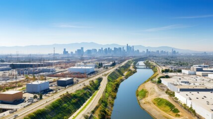 Fototapeta premium Aerial view of the river in Los Angeles with industrial areas on one side and residential neighborhoods on the other,
