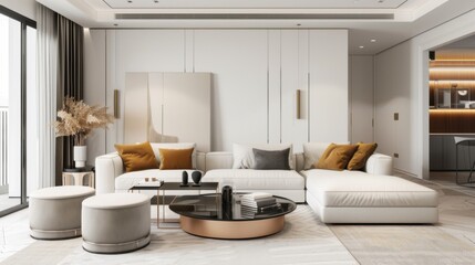 A chic and contemporary living room design featuring a white canvas backdrop, Thoughtfully selected minimalist furnishings, Modern luxe style