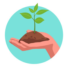 Clip art of a hand gently holding soil with a small green plant sprouting, symbolizing growth, reforestation, and environmental sustainability