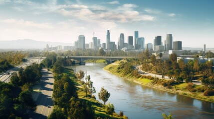 Aerial view of the river in Los Angeles with industrial areas on one side and residential...