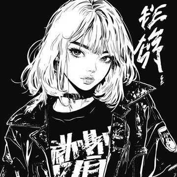 Black-and-white anime-style portrait of a female character wearing a large graphic T-shirt, with bold urban aesthetics and a gritty manga-inspired background.