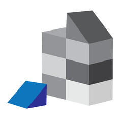 Character of brick house logo, icon, symbol. House made of blocks. Wooden cubes toy. Building blocks for kids.