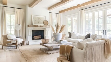 Fototapeta premium A chic and cozy living room design featuring a white canvas backdrop, Carefully selected minimal furniture, Minimalist Rustic Farmhouse style