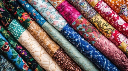 Assorted colorful patterned fabrics in vibrant display