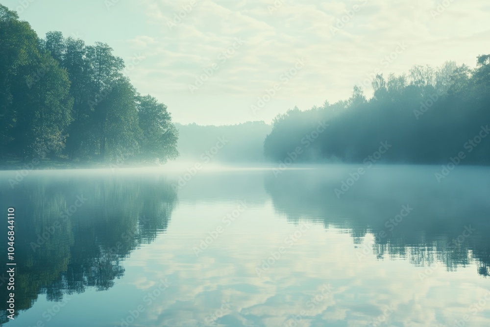 Leinwandbilder morning mist gently blankets the serene lake, creating a peaceful atmosphere with reflections of tre