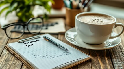 A cup of coffee, glasses, a pen, and a notepad with the words Your dreams in your and a list written underneath, on a wooden table